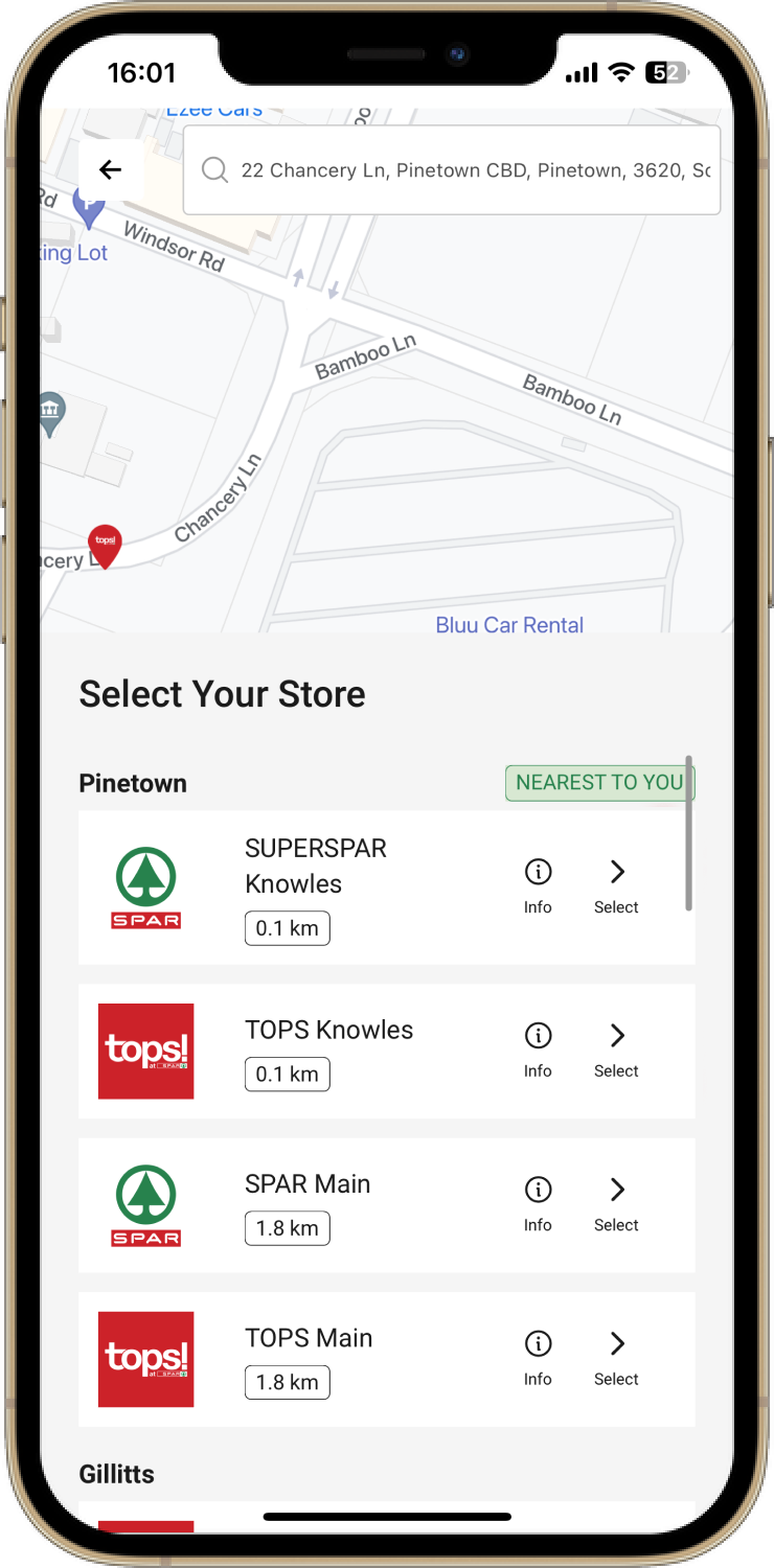 Select your TOPS at SPAR store screen