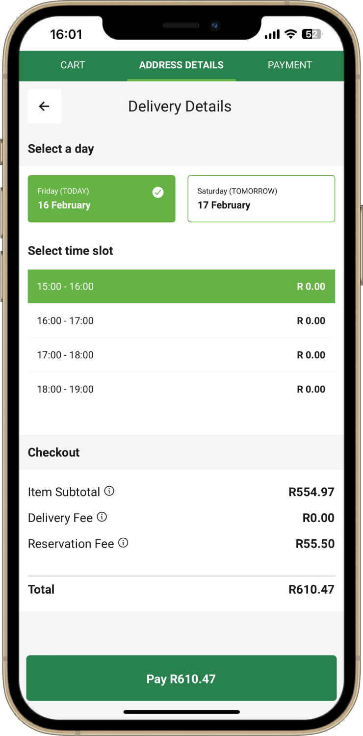 Delivery time slot selection screen