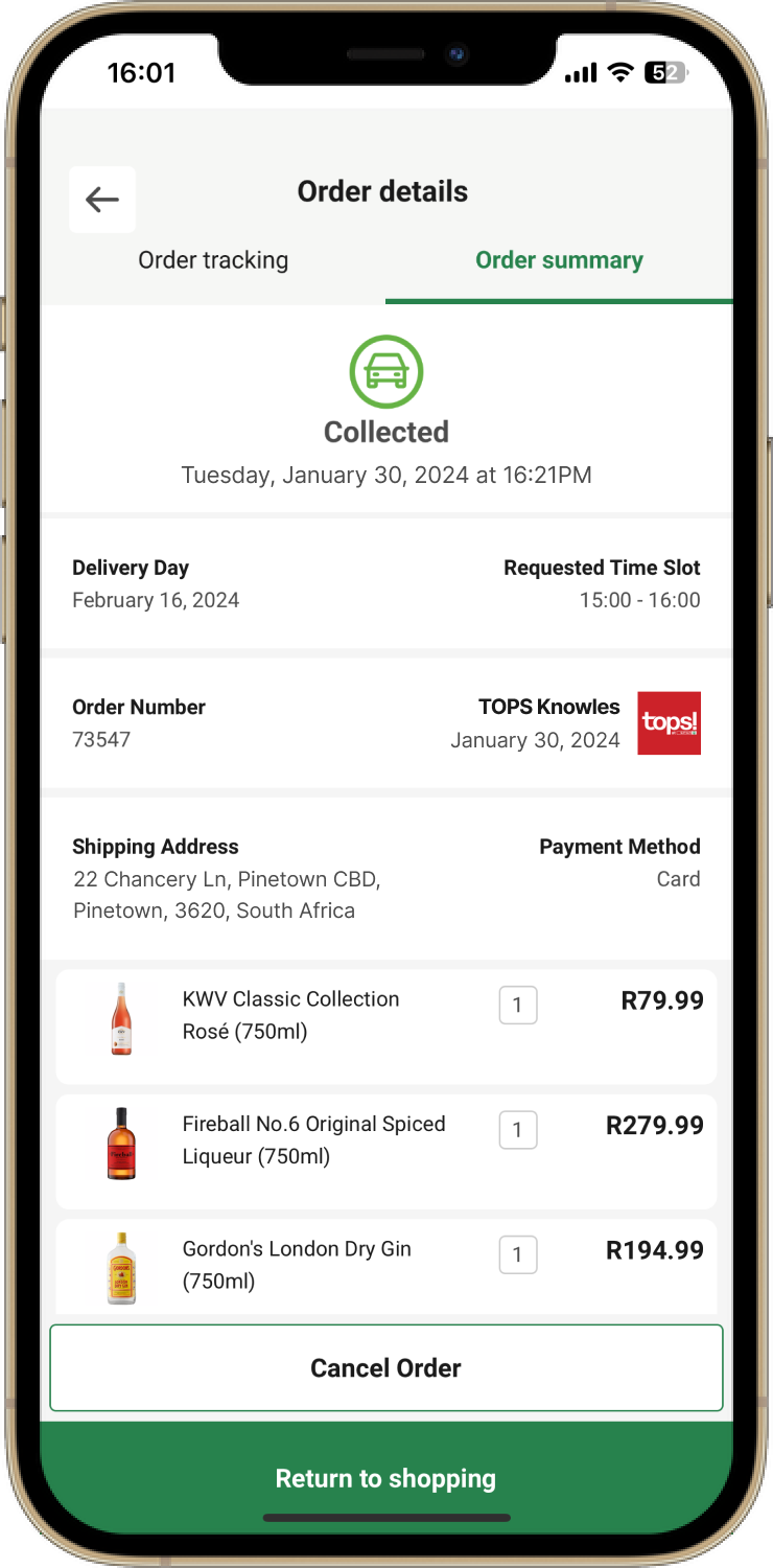 Order status screen