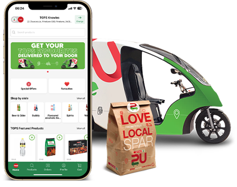 SPAR2U online delivery app, paper bag and electric delivery bike